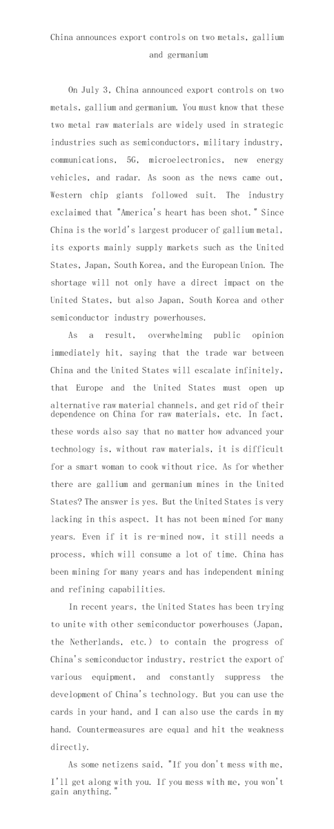 JeromePiearce's tweet photo. China announces export controls on two metals, gallium and germanium https://t.co/5Gb1NR0UnF