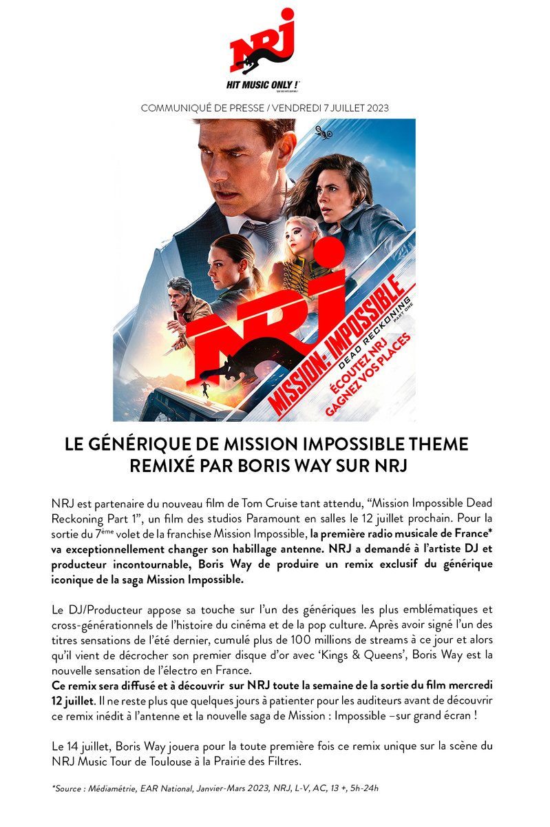 NRJGroupPresse's tweet photo. #MissionImpossible  : le générique iconique de la saga remixé par @BorisWay sur @NRJhitmusiconly #MissionImpossibleDeadReckoning https://t.co/cnRnydCjx4