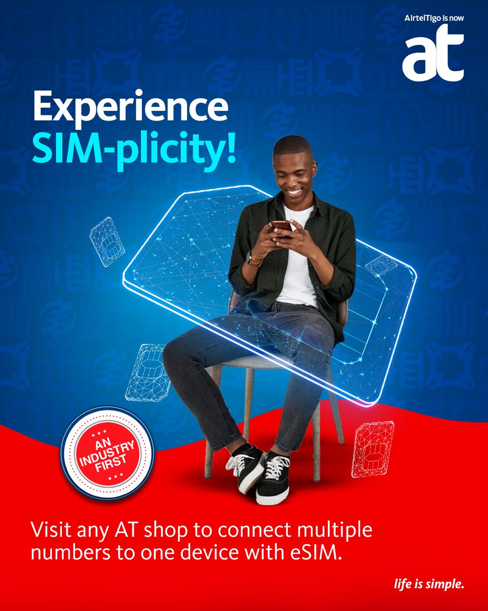 theatghana's tweet photo. It's that SIM-ple! Manage multiple phone numbers on one device without the need for a new phone or physical SIM card. Visit any AT shop for your eSIM today! Click here https://t.co/SavZyGDvl8 to learn more.
#CallusAT #ATESim #lifeissimple https://t.co/uZ2ED4SD5K