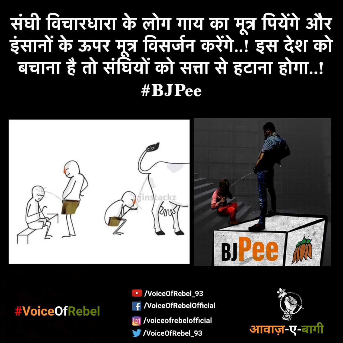 संघी विचारधारा के लोग गाय का मूत्र पियेंगे और इंसानों के ऊपर मूत्र विसर्जन करेंगे..! इस देश को बचाना है तो संघियों को सत्ता से हटाना होगा..! #BJPee
