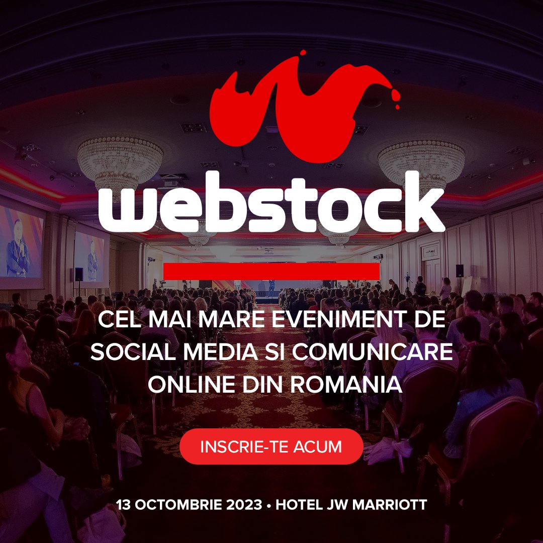 Pe 13 octombrie, iti dam intalnire la Webstock 2023 , evenimentul care aduce noile tendinte si premiaza creativitatea. Profita de oferta speciala si asigura-ti chiar acum locul in sala de la Hotel JW Marriott! 🚀webstock.ro #webstockro #webstock23 #webstockawards