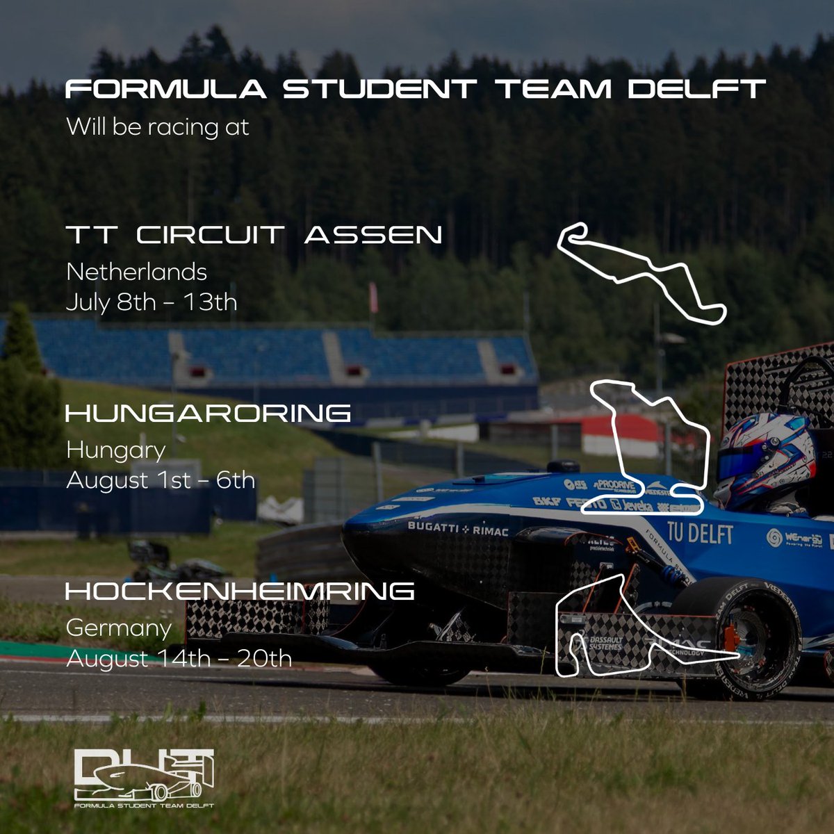 With our first competition right around the corner, let's take a look at our event schedule for the 2022/2023 Formula Student season. 👀

We will be attending FS Netherlands, FS East, and to top it off, FS Germany. We cannot wait! 🔥

-

#race #car #f1 #sport #uni #tudelft