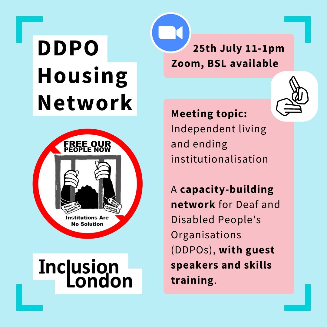 InclusionLondon's tweet photo. Join us for the next DDPO Housing Network on Tuesday 25th July, 11am-1pm.
We'll be discussing independent living and ending institutionalisation, with Simone Aspis @SFAactive from our Free Our People Now campaign.
To sign up, please email laura.vicinanza@inclusionlondon.org.uk. https://t.co/ev9c4vxM5u