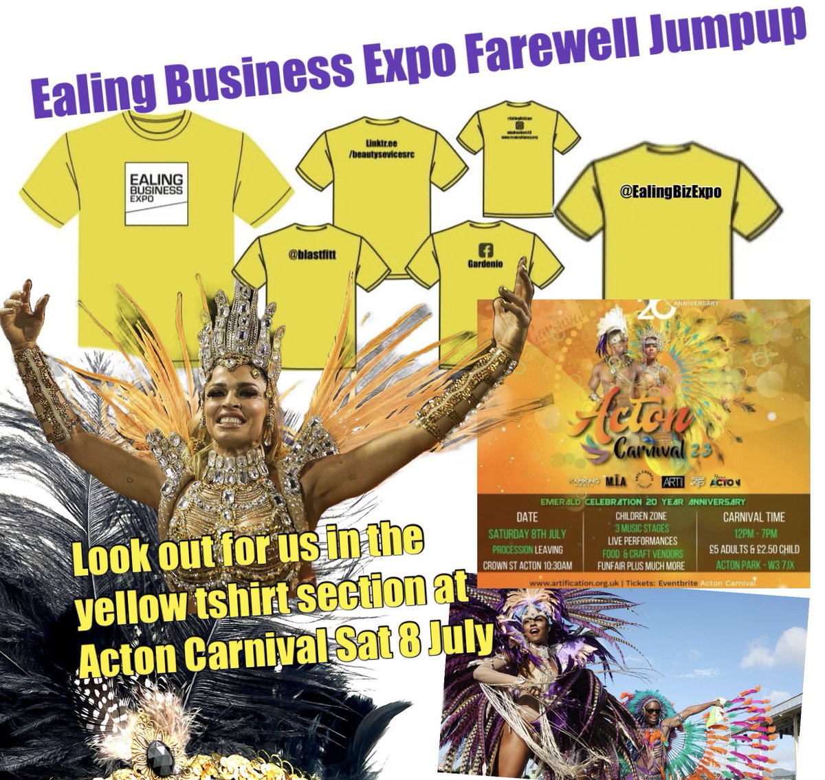 Thank you to the local businesses who have signed up to join our #EalingBizExpo #ExpoFarewell #LastLap yellow t-shirt section at #ActonCarnival on Sat 8 July - we will be the last band in the procession along Uxbridge Rd from Crown St (close to Morrisons) to Acton Park 💛💛💛