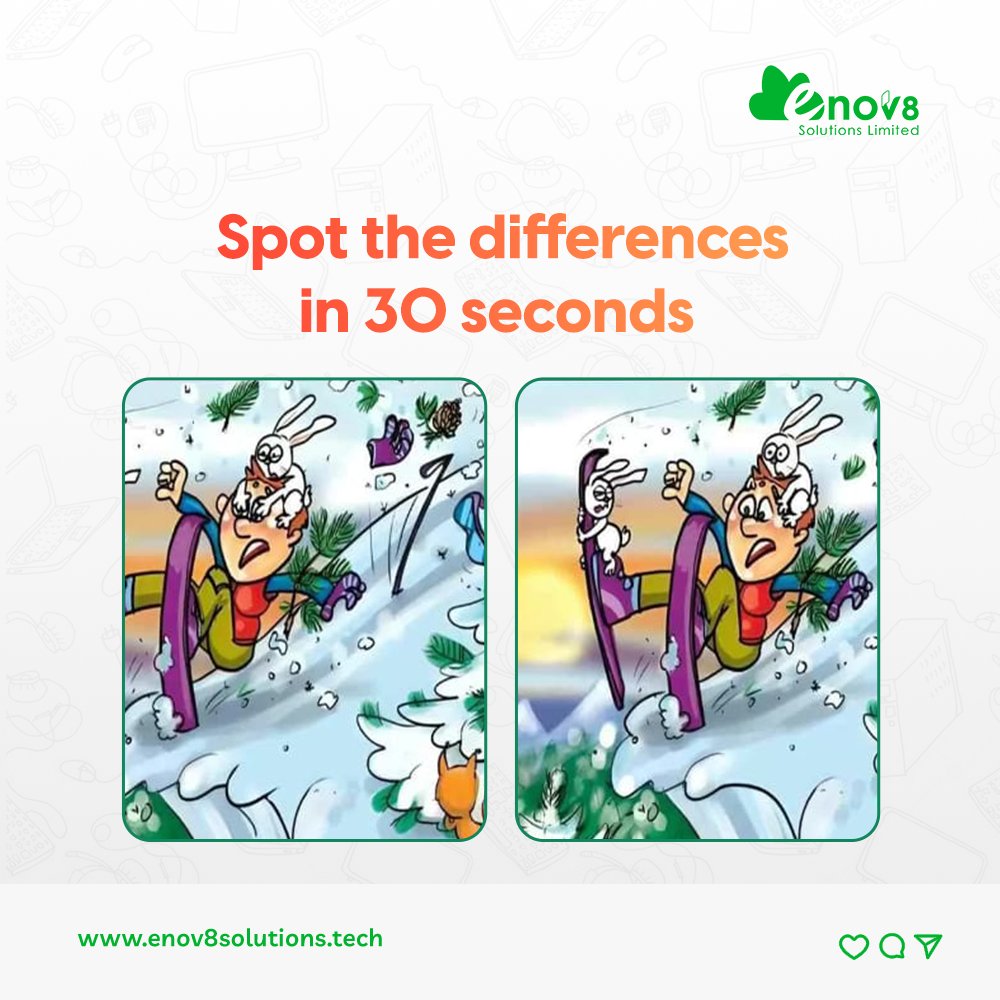 Enov8Solutions's tweet photo. Can you spot the differences in 30 seconds?
We found one: image one has two rabbits, while image two has just one rabbit.
We are throwing the fun to you. Find yours and share in the comments.
#brainteasers #fridaygames #gametimefun #enov8solutions #VibrateChallange https://t.co/qsw3NwVi9h