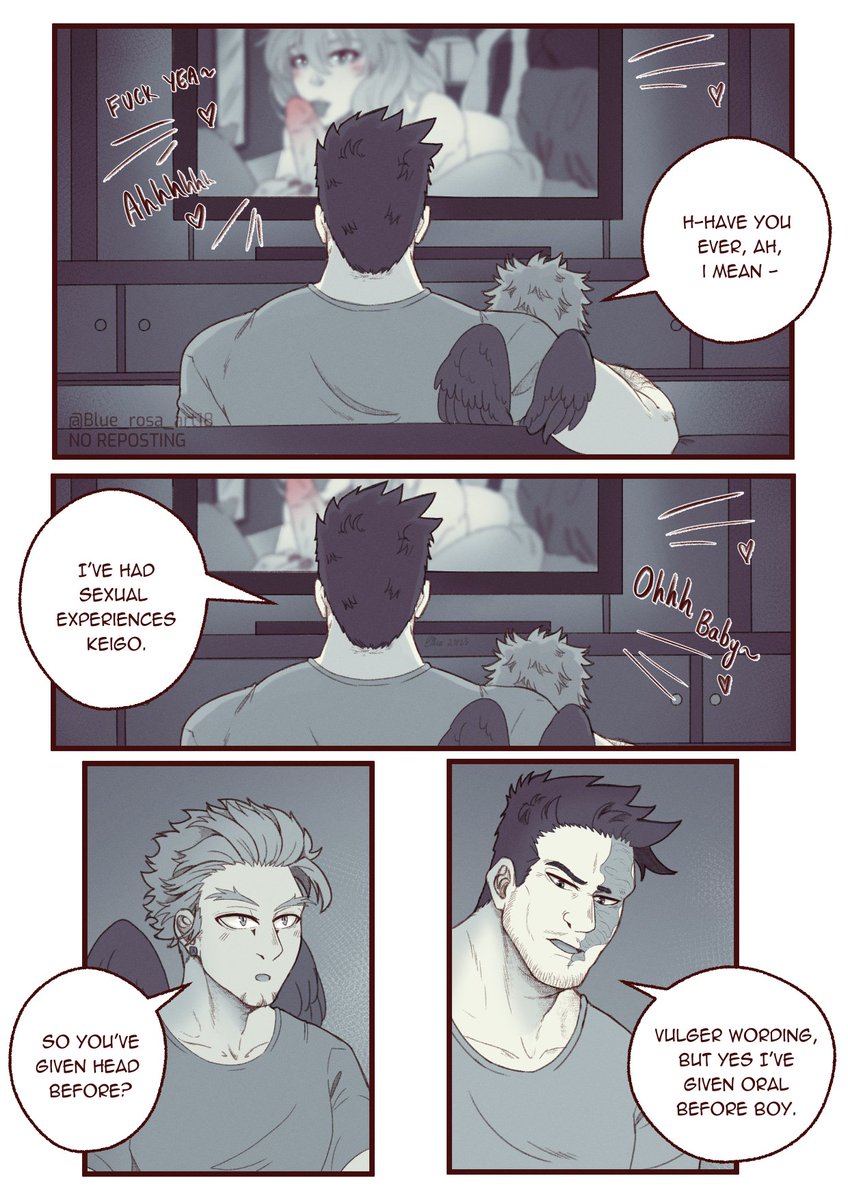 Blue_rosa_art18's tweet photo. [#endhawks / #HoEn / #hawksend NSFW 18+] 
🦅: So you've given head before? 
🔥:😳
----
Reuploading cause twitters anti-links nerfed the original post into non-existence.
A 10pg comic I did in April about Enji giving Hawks a blowjob for the first time. 
(1/2) https://t.co/lAiZcajosu