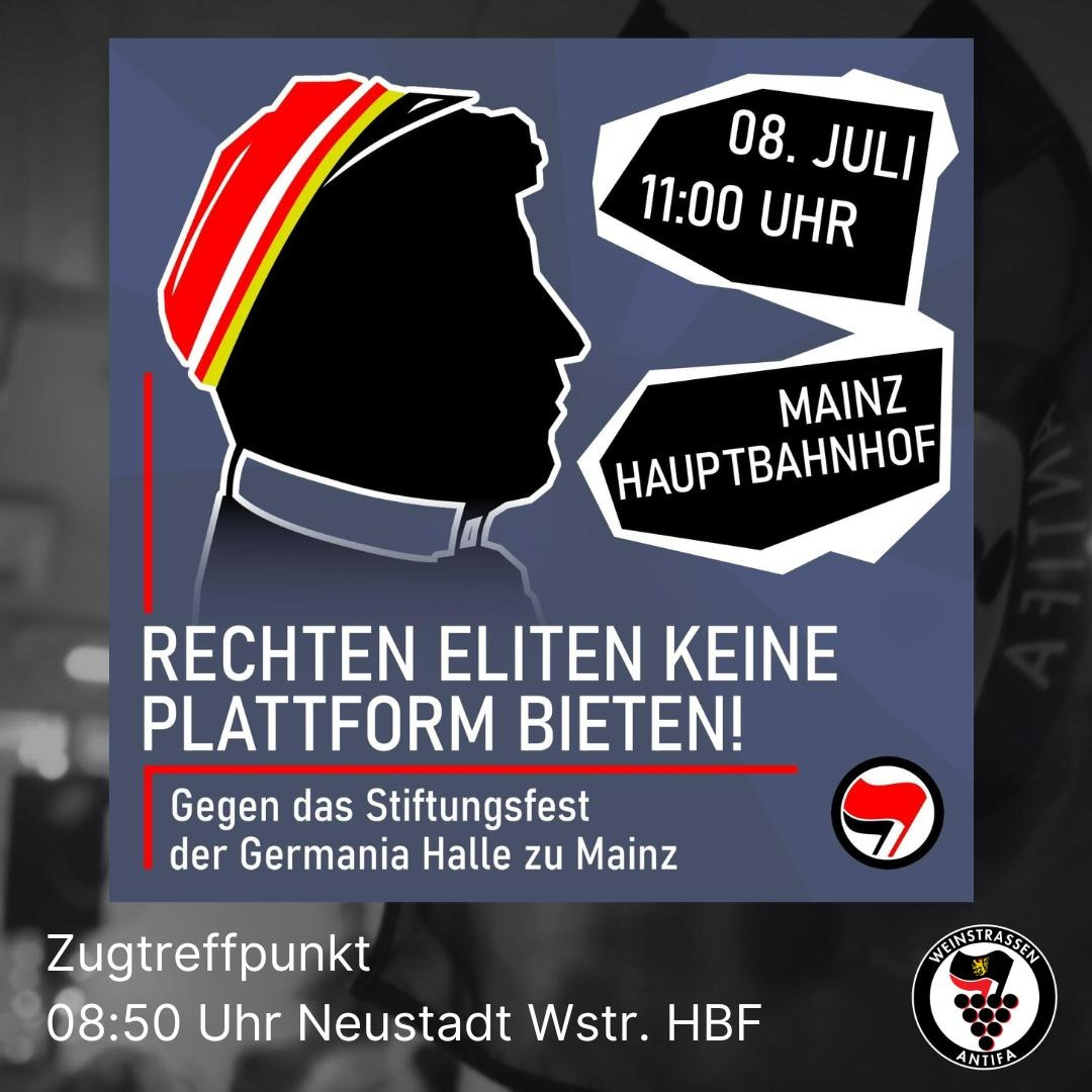 Antifa_wstr's tweet photo. Morgen geht's für viele von uns nach Mainz! #mz0807
Schließt euch gerne unserer gemeinsamen Anreise aus NW an.
Wir treffen us um 08:50 am Eingang der Treppen am Neustädter Hbf
🔥🔥
#antifaindieoffensive #antifableibthandarbeit https://t.co/MrI7xl5Lkw