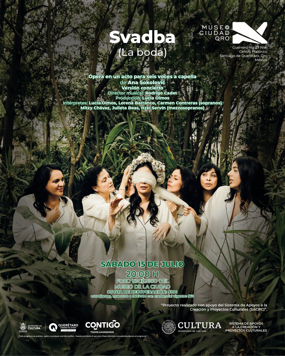 Svadba (La boda) | Ópera en un acto para seis voces a capella 🎼
De Ana Sokolovic 🌟 versión concierto
📅 sábado 15 de julio, 20:00 h
📍 Foro escénico #MCQRO 
Cuota de recuperación: 💲1️⃣0️⃣0️⃣ pesos