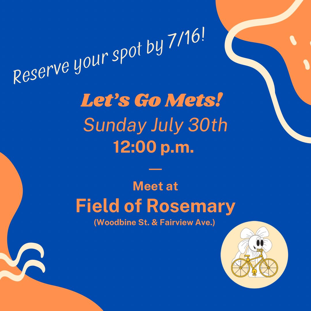RidgewoodRides's tweet photo. Meet the Mets! ⚾️🚲💙🧡

Want to join us for a ride to the @mets game on Sunday, July 30th? Reserve your tickets by July 16th to participate. Pre-sale form at the link in bio!

cc @MrMetBikes https://t.co/0oh9inyMeK