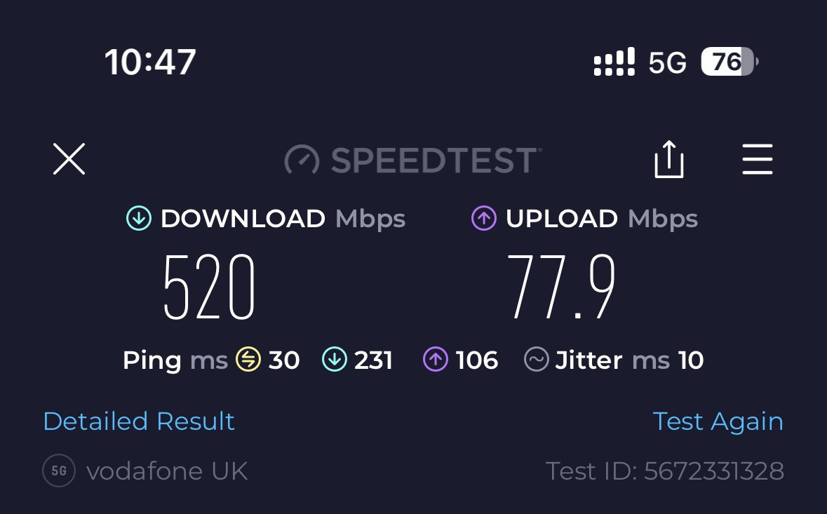 Amazing Speed and Performance again from Vodafone UK this time in Wallington, South London <a href="/Ker_Anderson/">Ker Anderson</a> <a href="/Andreasdona72/">Andrea</a> <a href="/PaulCrisp_1/">Paul Crisp</a> #5G #vodafoneuk #thebestnetwork