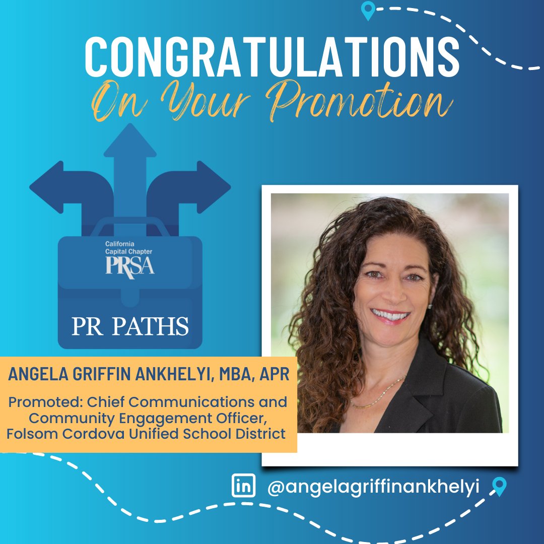 PRSASacramento's tweet photo. 💼PR Paths💼 Please join us in congratulating Angela Griffin Ankhelyi, MBA, APR, on her promotion to Chief Communications and Community Engagement Officer for the Folsom Cordova Unified School District (FCUSD)!

Connect with Angela: https://t.co/RVhbC6b22R

#PRPaths #PRSASac https://t.co/dqVFkUHUwT