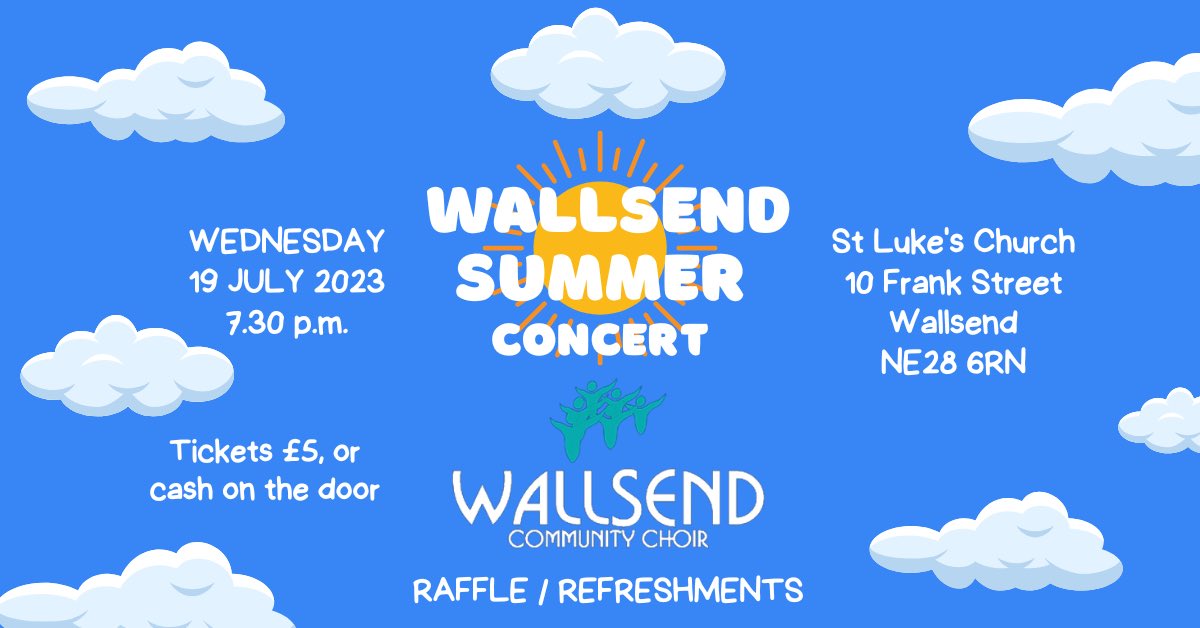 WallsendChoir's tweet photo. Can’t wait for our summer concert this year! From Queen to Les Mis, Bruckner to a special piece written by our very own Music Director Desmond. Tickets only £5 inc refreshments, from any choir member, or cash on the door.

7.30 pm, St Luke’s Church, Wallsend, Weds, 19th July ❤️ https://t.co/FT7wpuxgHd