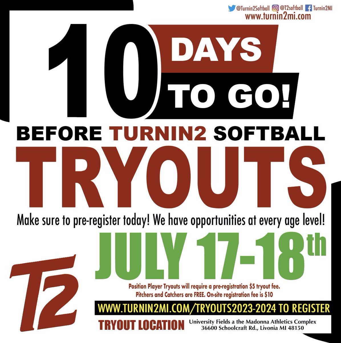 Turnin2Softball's tweet photo. Only 10 Days until T2 Tryouts! 
LOTS of opportunities with a growing list of coaches so make sure to pre-register today!
https://t.co/vYcMVdgCEv https://t.co/ja2xV7GW9q