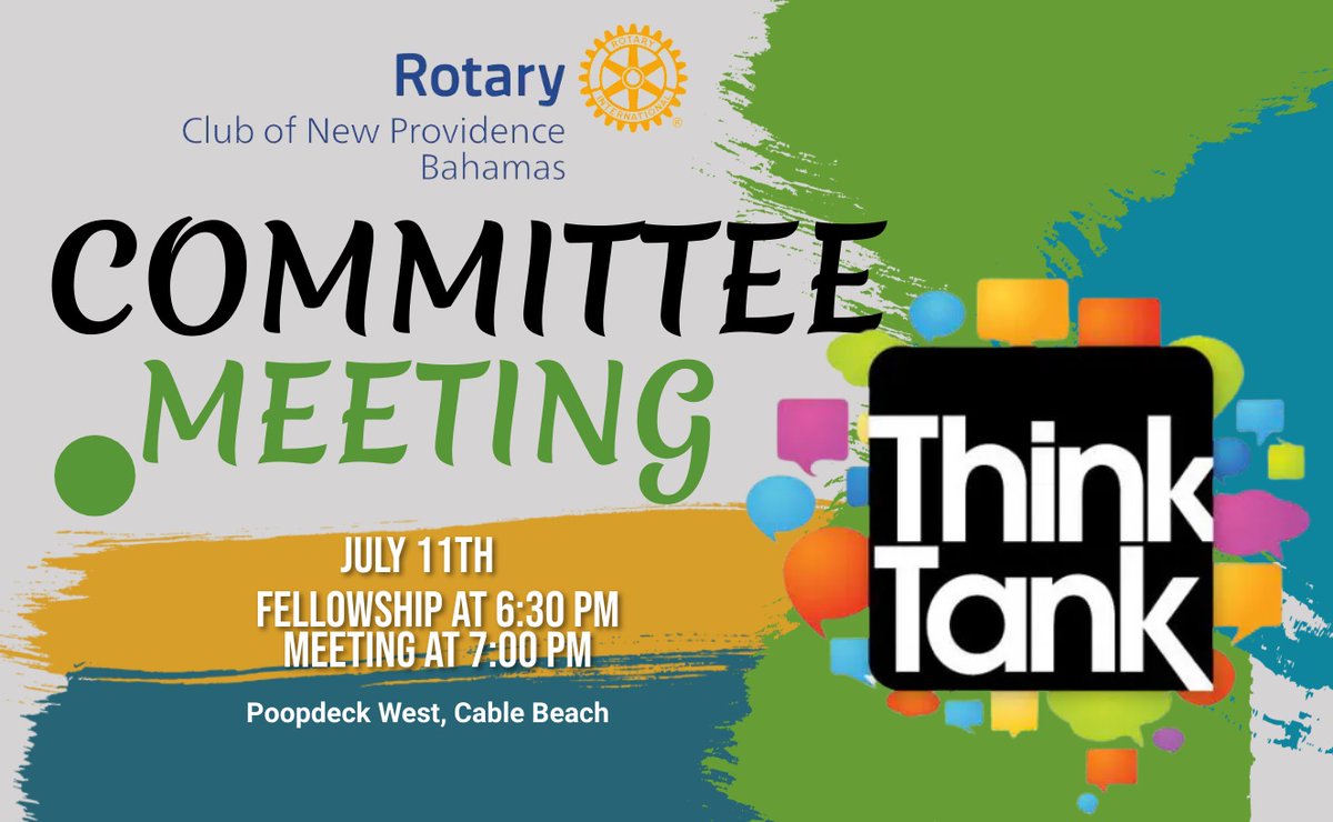 This upcoming Tuesday July 11th, we will have our first Club Committee Meeting. Each Committee Chair is asked to come charged to lead a vibrant interactive Think Tank meeting with your committee members.  
 
Fellowship begins at 6:30pm and our meeting promptly at 7:00pm.