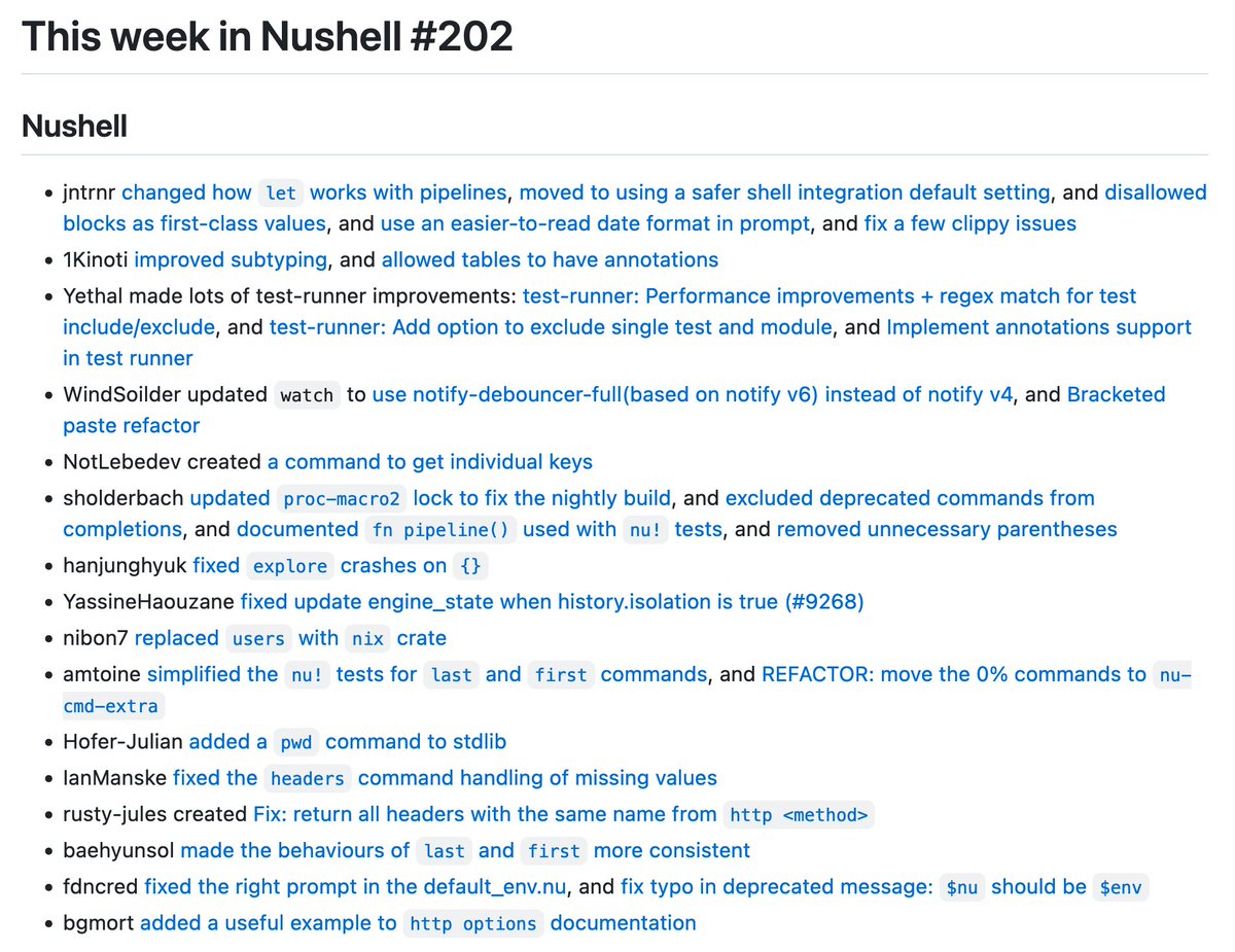 This week in Nu: `let` can now create a variable from a pipeline without parentheses, new commands (pwd, input listen), type system improvements, and lots more! github.com/nushell/this_w…