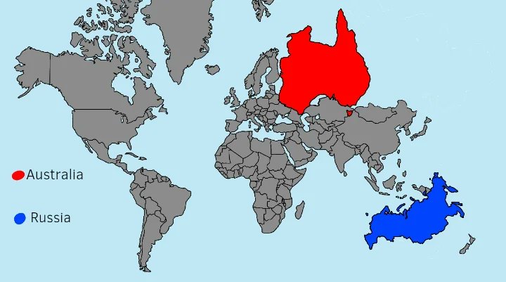 World map if Australia and Russia swapped places
