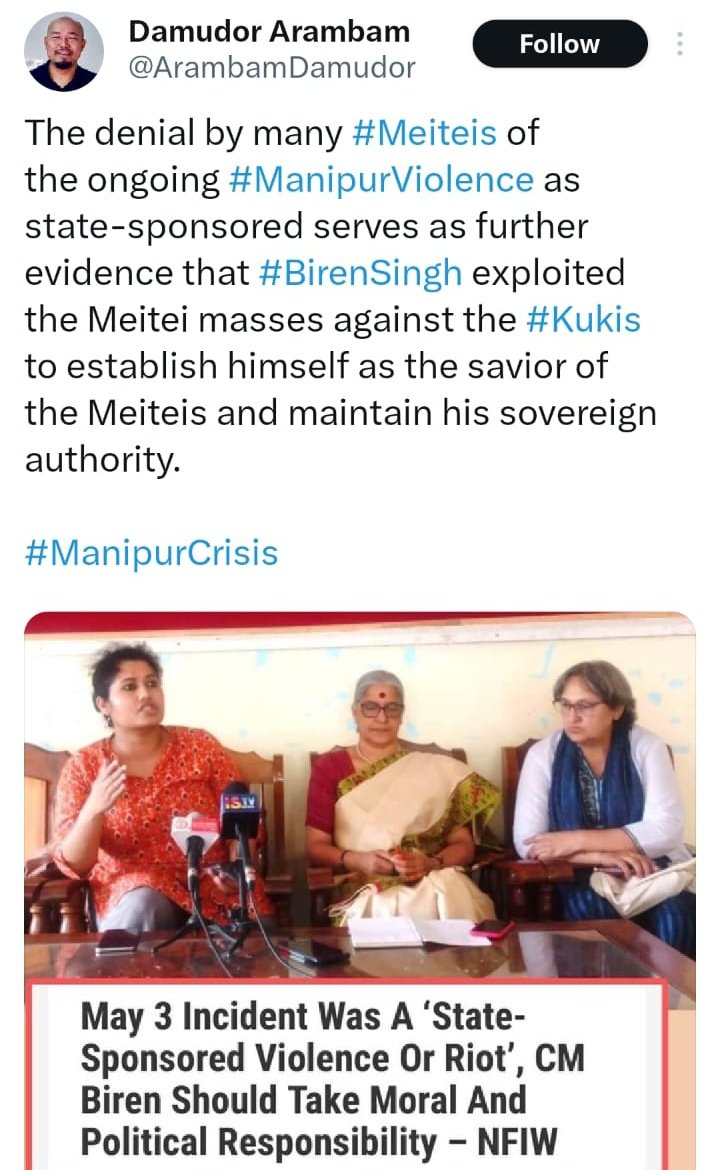 DrLamtinthangHk's tweet photo. The present ethnic violence in Manipur against a particular #tribal community is, without causing doubts and confusion, a "State-Sponsored Terrorism or Pogrom". 

@thewire_in @IndiaTodayNE @PTI_News @the_hindu https://t.co/ASFcBkbCwG
