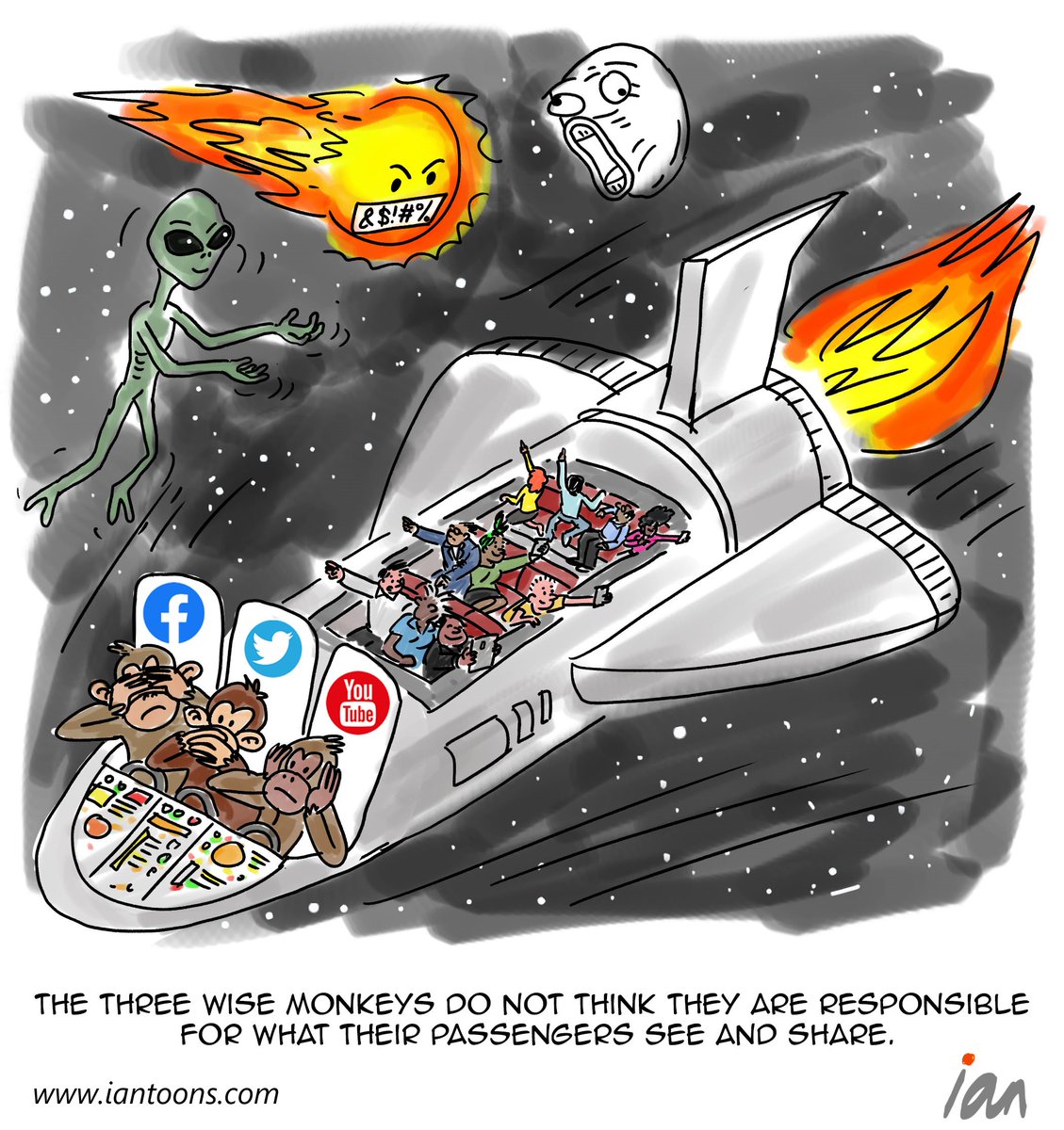 Ian_california's tweet image. “Wise Monkeys” – a cartoon that illustrates why social media platforms need to start taking more responsibility for the content on their services. 

#changesection230, #facebook, #StopHateforProfit

1/5