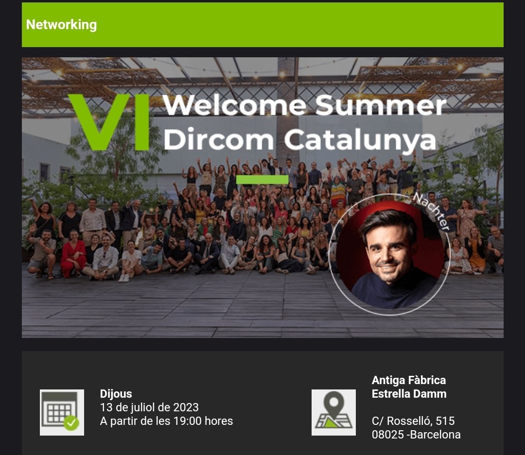 Dircomcat's tweet photo. 🎉 #SaveTheDate: torna el #WelcomeSummer de @Dircomcat!

👉 Enguany, amb un convidat de luxe: Nachter, ambaixador d' H&amp;S i Volkswagen i l’influencer amb més seguidors d’Espanya!

🍻 El 13 de juliol, diem hola a l'estiu a l'Antiga @EstrellaDammCat ⬇️

https://t.co/HTrK5XIyuD https://t.co/SAaL8360WO