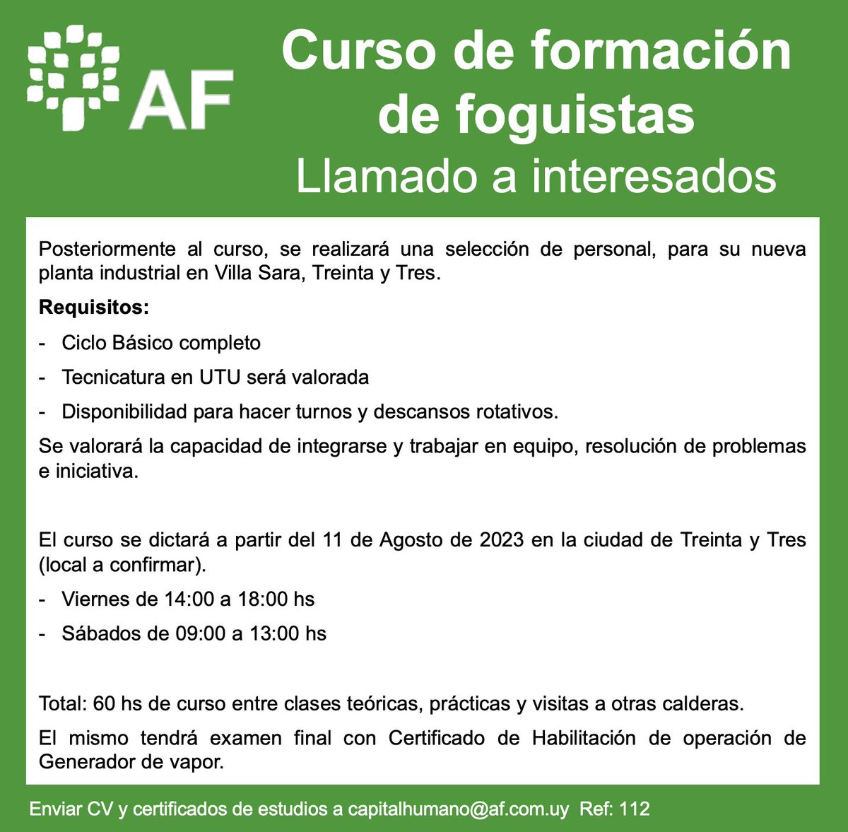 Llamado a interesados para Curso de formación de foguistas en Treinta y Tres. #empleo #industriaforestal #oportunidaddeempleo #desarrollolocal #capacitación