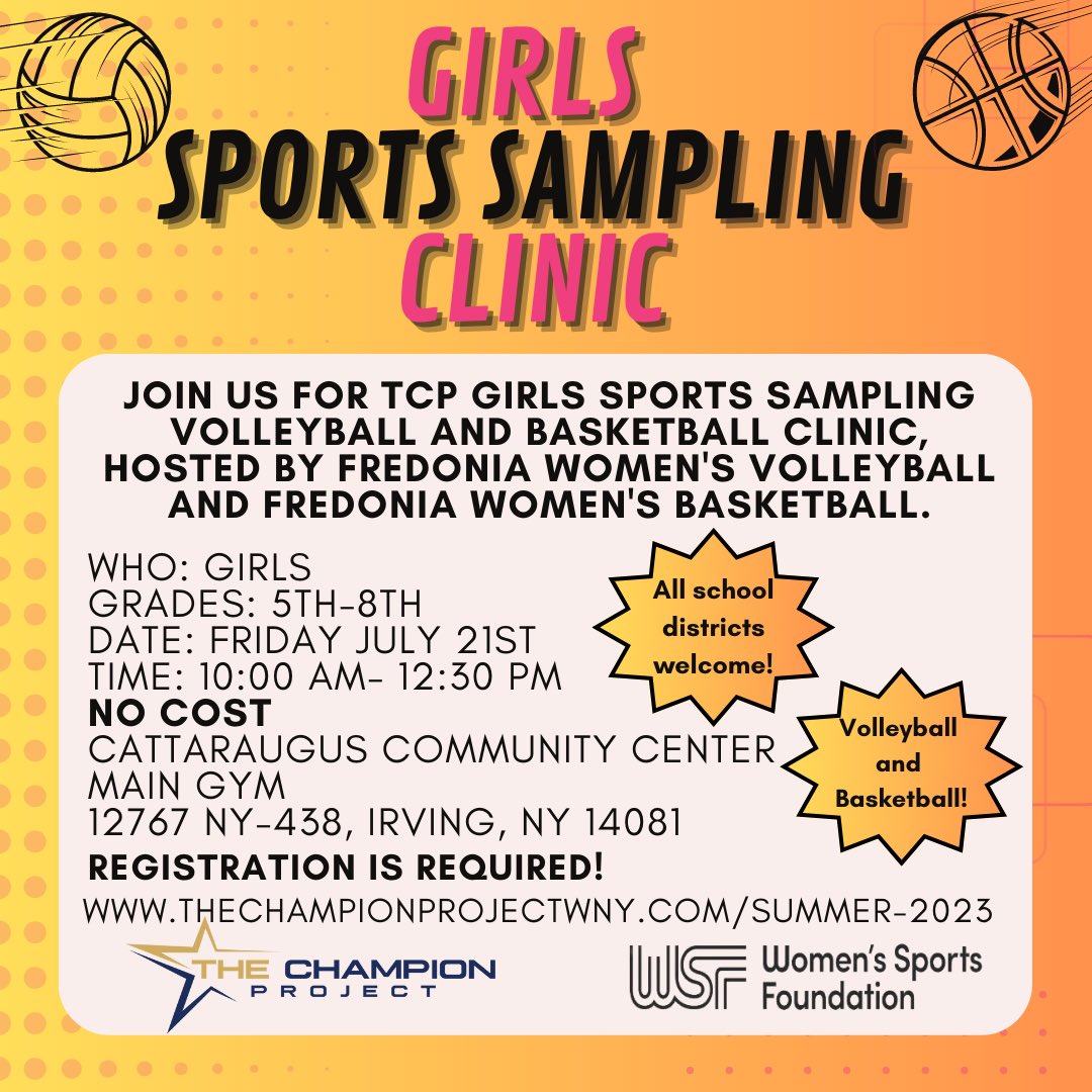 TheChampProject's tweet photo. ⭐️Limited Spots Still Available!⭐️
Sign up for our sports sampling clinic at the CCC.
Registration is required! 🏐🏀🙌🏻
Visit: https://t.co/pF2cyktQgS for information or to sign up today!
#girlsplaytoo #letkidsplay #youthsports #sportssampling https://t.co/Intxh54TX5