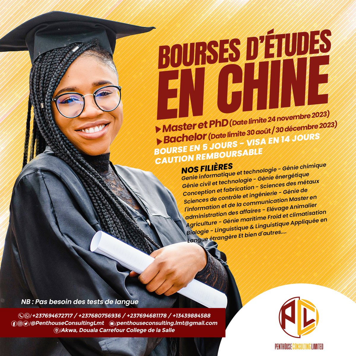 PenthouseLmt's tweet photo. Les inscriptions pour les prochaines rentrées scolaires en chine se poursuivent 📩
 
🚨Admission de Septembre sous réserve du baccalauréat/GCA-A level en cours

Nous contacter aux : +237694681178 / +237694672717 / +237680756936 / +13439884588
✉️ penthouseconsulting.lmt@gmail.com https://t.co/C3SnVsVzpc