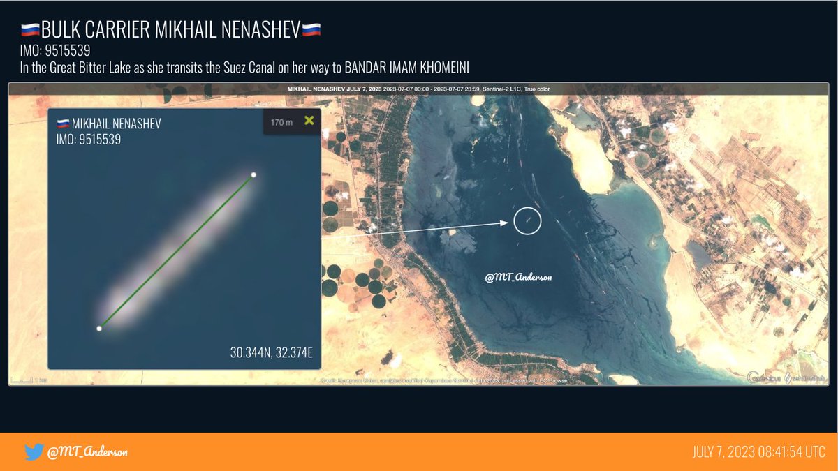 MT_Anderson's tweet photo. 🇷🇺BULK CARRIER MIKHAIL NENASHEV🇷🇺
10M📷 7 July 2023. The grain thief is changing up her routine. Typically, she takes #stolenukrainiangrain from Sevastopol to Tartus. This time, she is delivering the stolen grain to 🇮🇷Bandar Imam Khomeini. Spotted today in the Great Bitter Lake. https://t.co/XafFLpumrx