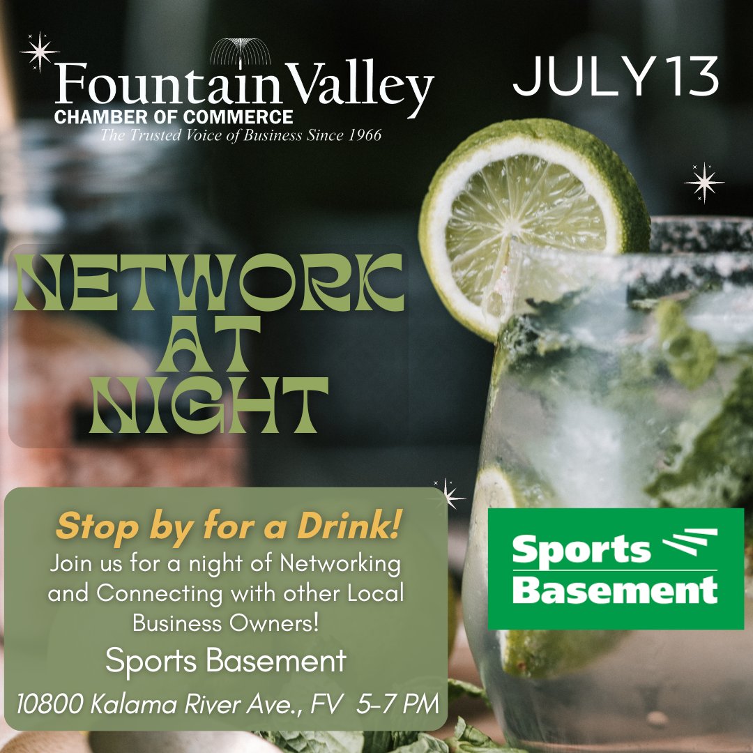 FV_Chamber's tweet photo. Stop by next Thursday, July 13th 🍹Join us for Network at Night to mingle with local business owners. 
Click here to register: https://t.co/MAiSGeNhuH

#networking #connections #steadykitchenFV #happyhour #makeconnections #fountainvalley #huntingtonbeach #Costamesa #gardengrove https://t.co/mqHOaEeXvy