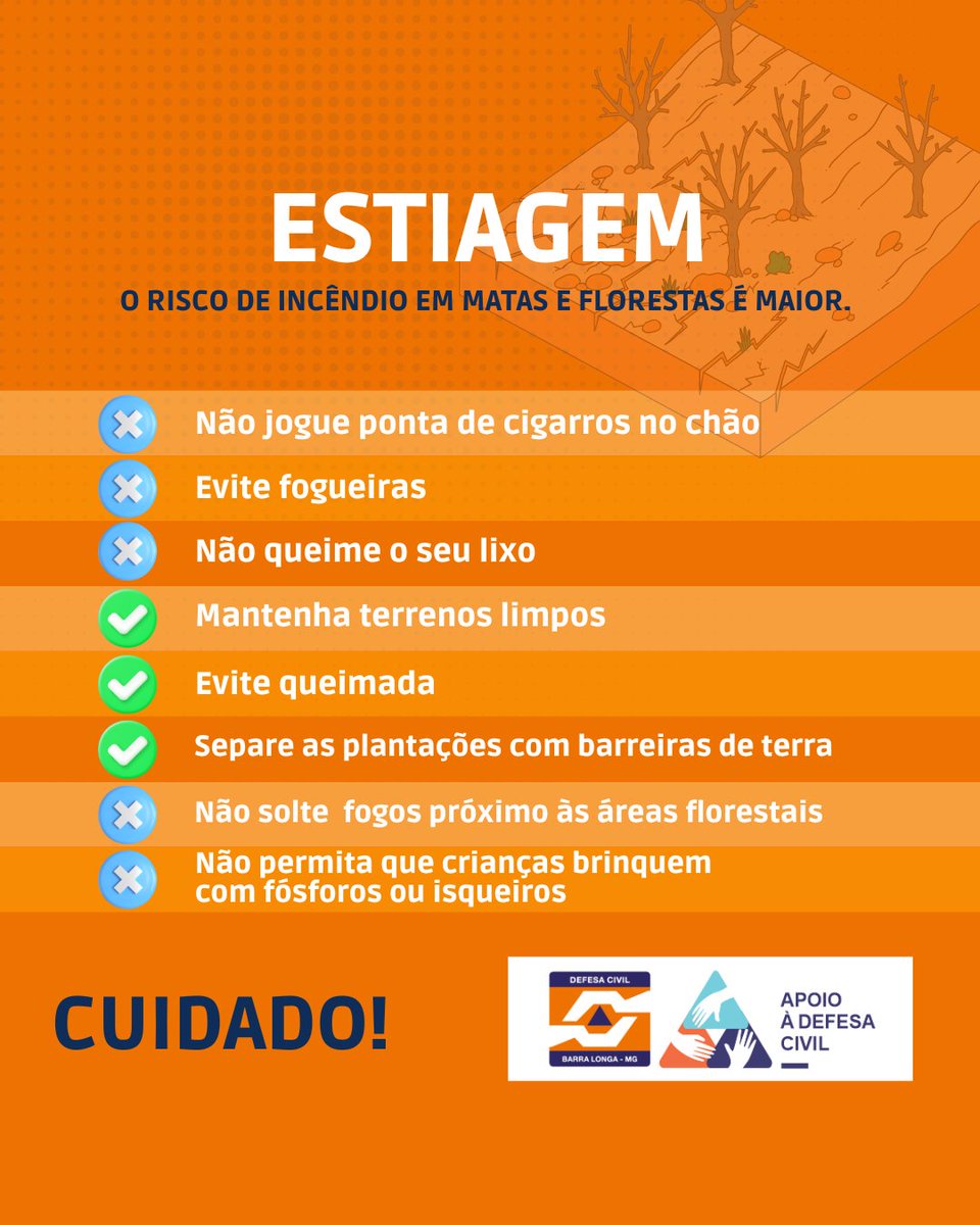 DCBarraLonga's tweet photo. ESTIAGEM é o período prolongado de baixa pluviosidade (chuvas) ou sua ausência. Nesse tempo, a perda de umidade do solo é maior que a reposição de água.
  
A prevenção é fundamental para evitar incêndios florestais. 

Em caso de emergência ligue para o Corpo de Bombeiros: 193. https://t.co/cvu2rW73vQ