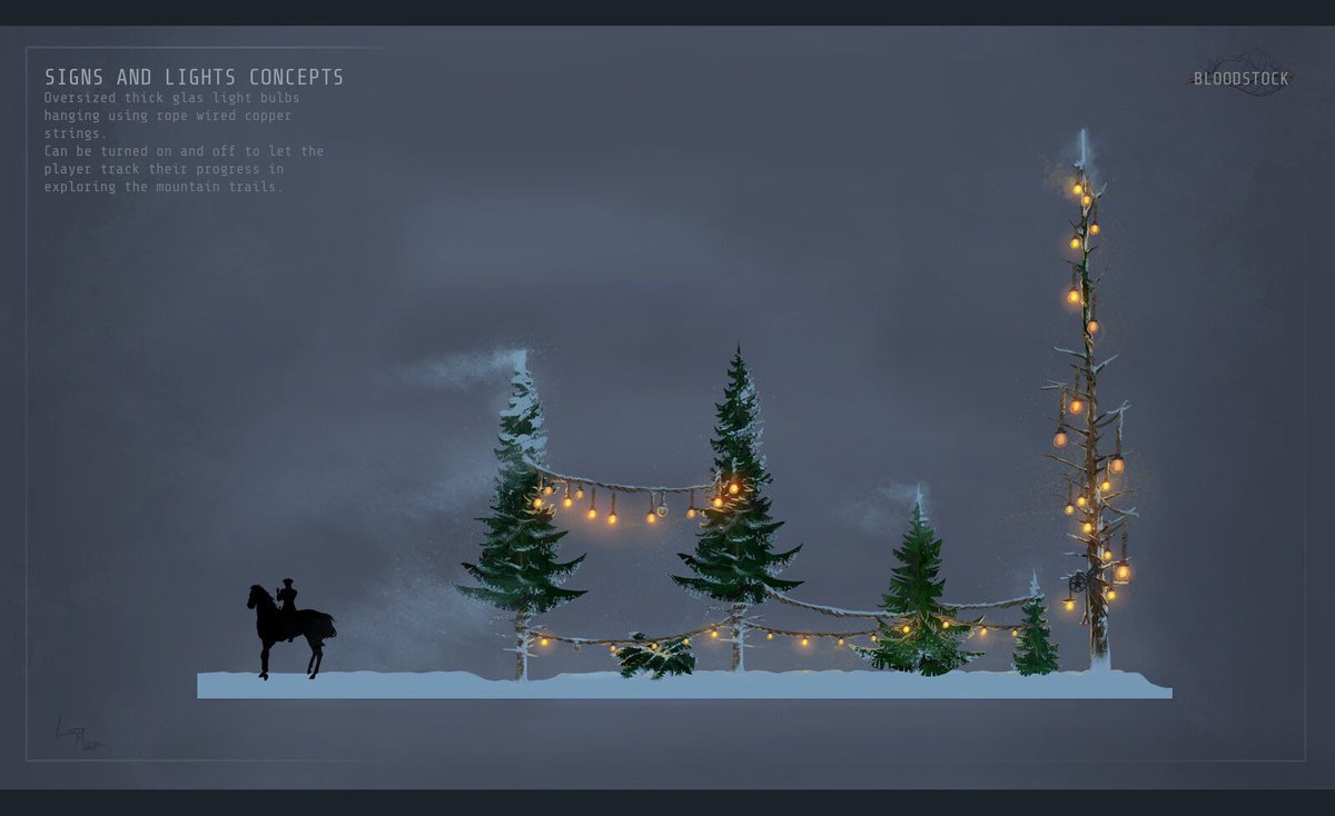 BloodstockGame's tweet image. the first concepts I made for this project, I’m very interested in cinematography/lighting and I wanted the game to be cold but also warm and inviting, so lots of tiny lamps on trees along main roads to help guide the player isn’t historically correct but &amp;lt;3 #gamedev #conceptart
