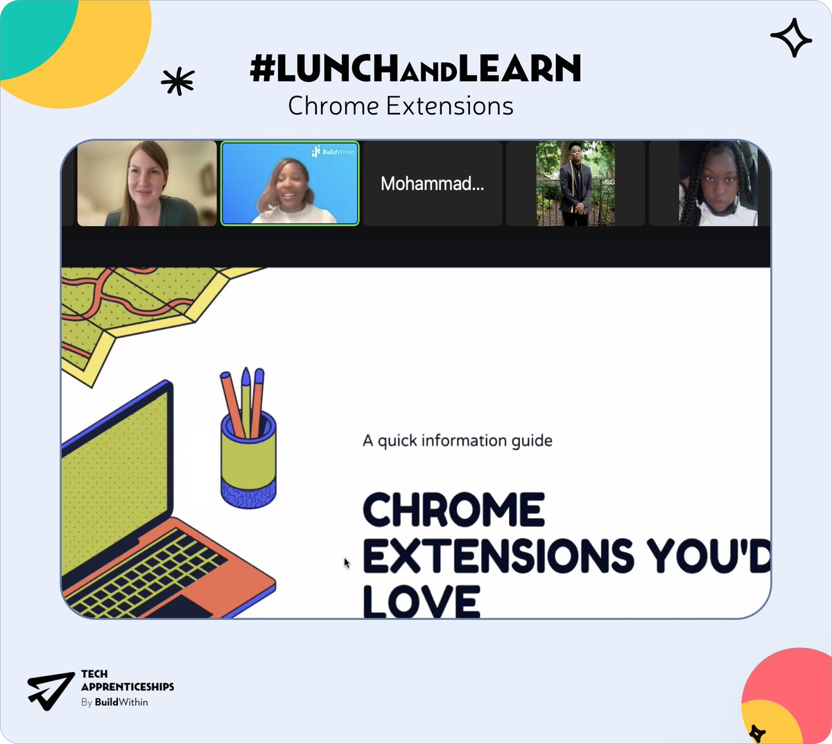 ApprenticesTech's tweet image. Ending the week of learning and training in style! in #BuildWithinLunchAndLearn @ChromeExtns.
We discovered amazing Chrome extensions that will revolutionize student productivity. 
From time management to creative aids, these innovative tools have it all!🚀
#LearningAnDevelopment