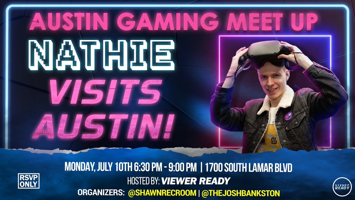 GameDev_Battle's tweet photo. Swing by this Monday, July 10th at 6:30PM! Details here: https://t.co/8jQmQXJD76…

#gamedev #gamedevelopment #vr #vrgames #vrgamedev #virtualreality #nathie #austintexas #atx #gamedevmeetup #devmeetup https://t.co/r68ANjAQ5N