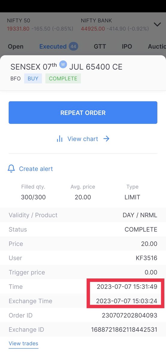 pavan_012's tweet photo. #Zerodha is the only broker who executes order after market hour at any past price. I punch order on 65400 CE of sensex expiry at 03:03 at Rs.20 but @zerodha executed this order at 03:31 (after market closed) at Rs.20 while market value of such option was already zero. https://t.co/gT4sOF35lu