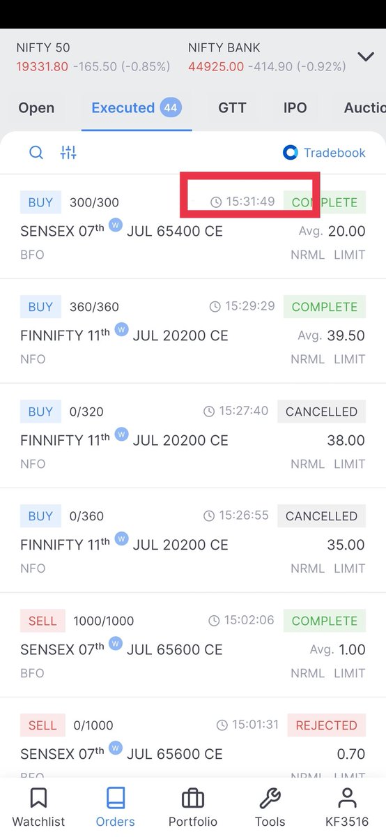 pavan_012's tweet photo. #Zerodha is the only broker who executes order after market hour at any past price. I punch order on 65400 CE of sensex expiry at 03:03 at Rs.20 but @zerodha executed this order at 03:31 (after market closed) at Rs.20 while market value of such option was already zero. https://t.co/gT4sOF35lu
