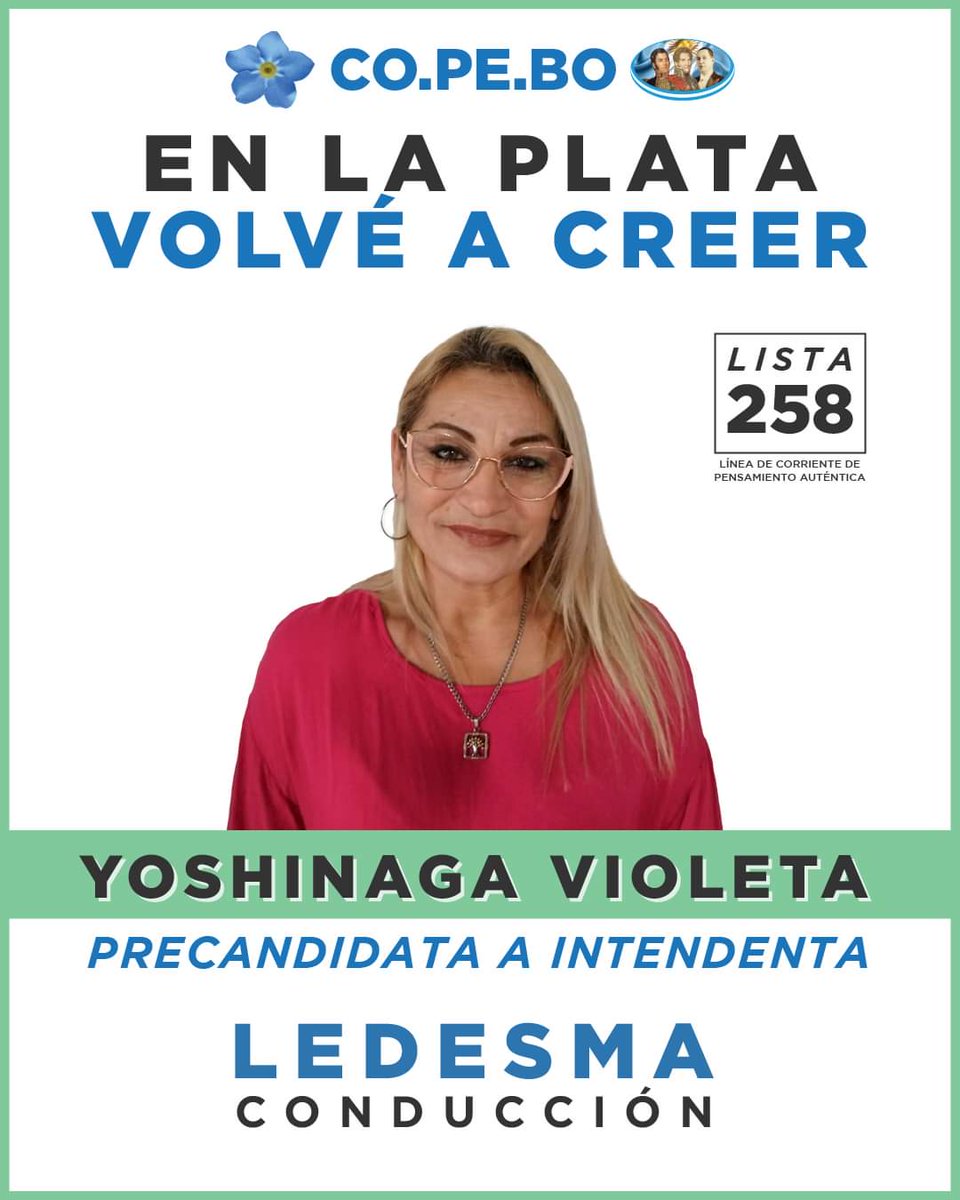 CoPeBoARG's tweet photo. 💠 CON https://t.co/e2pY3I6lD2, LA PLATA VUELVE A CREER  💙

 ➡️ VIOLETA YOSHINAGA- Precandidata intendente 

💠VOLVÉ A CREER 💠

#CoPeBo #PASO2023 
#LedesmaConducción #OctavaSección 
#elecciones2023 #paso #partidospoliticos 
#elecciones #laplata https://t.co/BdjzCZhfvi