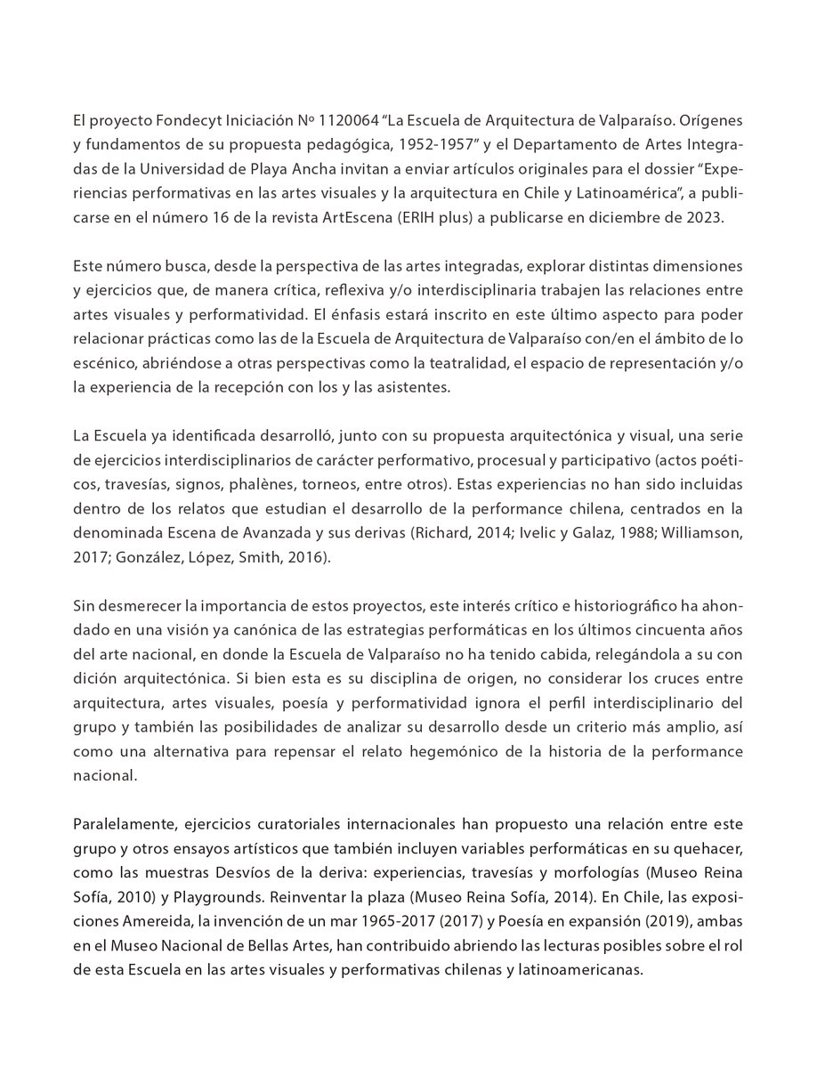 magdardel's tweet photo. Hasta el 25 de septiembre sigue abierta la convocatoria para enviar artículos al dossier "Experiencias performativas en el arte y la arquitectura en Chile y Latinoamérica" que coordino para la Revista ArtEscena (ERIH). Llamado y normas: https://t.co/HfRds1ANh2