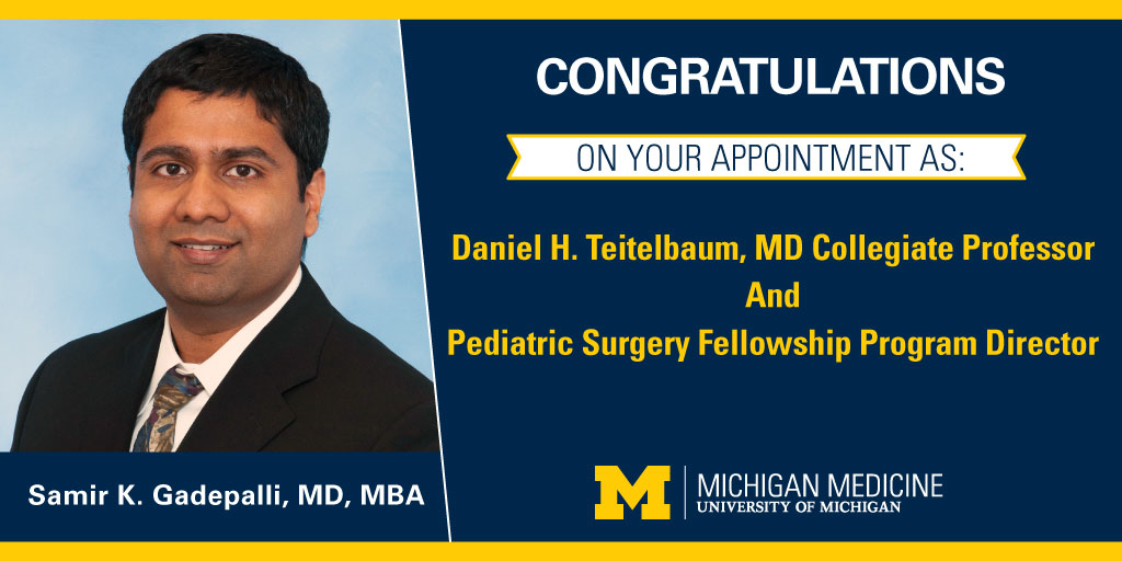 Michigan Surgery (@umichsurgery) on Twitter photo Congratulations to <a href="/SamirGadepalli/">Samir Gadepalli</a> for being appointed the Daniel H. Teitelbaum, MD Collegiate Professor *and* the Pediatric Surgery Fellowship director! 🎉👏 🥳 Congratulations to <a href="/SamirGadepalli/">Samir Gadepalli</a> for being appointed the Daniel H. Teitelbaum, MD Collegiate Professor *and* the Pediatric Surgery Fellowship director! 🎉👏 🥳