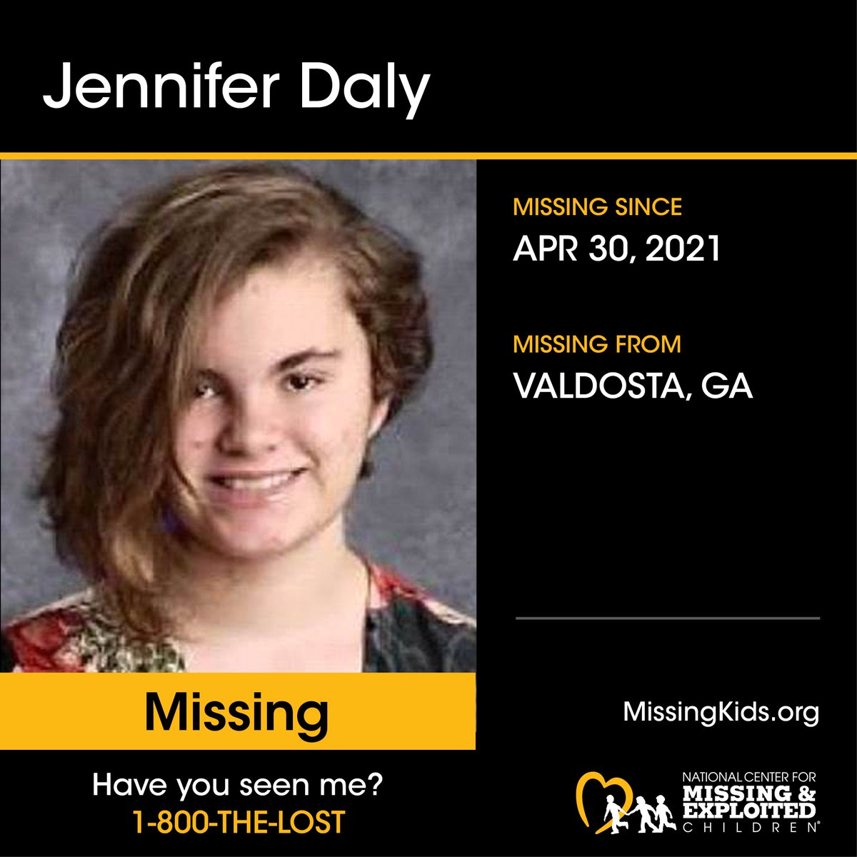 NCMEC's tweet photo. Jennifer went #missing from her home in Valdosta, GA, on April 30, 2021, when she was only 15 years old.

If you have any information regarding Jennifer or her disappearance, please contact the NCMEC at 1-800-THE-LOST or Valdosta PD at 1-229-245-5270. https://t.co/RZ0mK2em0C