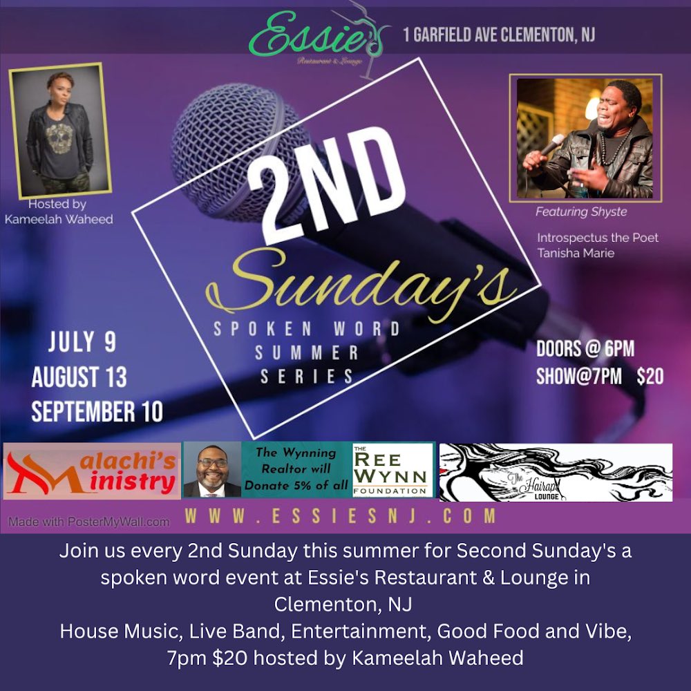 onwurd's tweet photo. Join Essie's Restaurant &amp; Lounge in Clementon, NJ every 2nd Sunday this summer for Second Sunday's spoken word event featuring, house music, a live band, entertainment, good food, and vibes, at 7pm for only $20, hosted by Kameelah Waheed. https://t.co/J7qC32fsyq #Ad https://t.co/du9x5BJgji