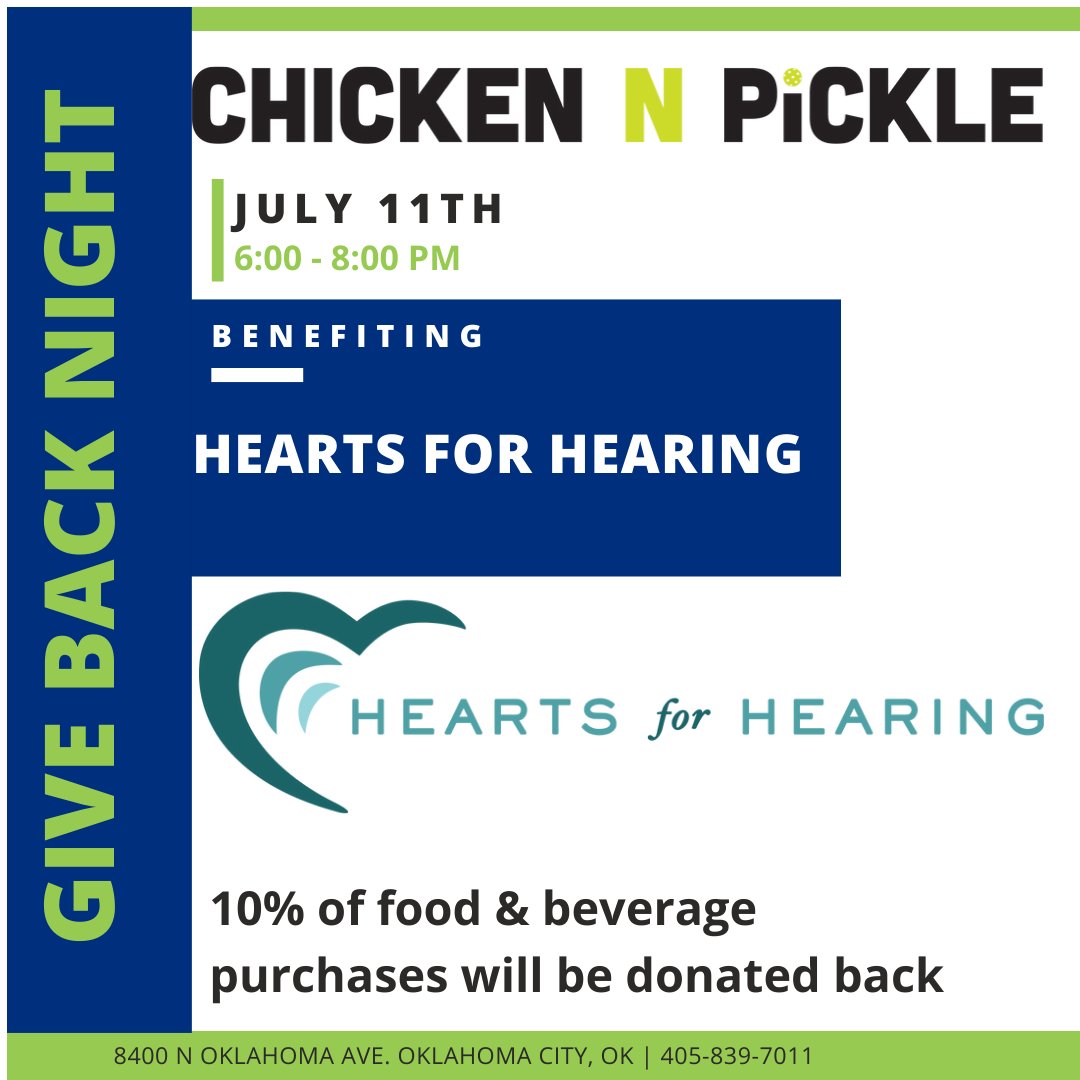 Join us on giveback Tuesday, July 11th, for a fun night of food, friends, and pickleball at Chicken 'N Pickle to benefit Hearts for Hearing! 10% of all food and beverage purchases will be donated to us. We are so very grateful and excited! Hope to see you there.🐤🏓