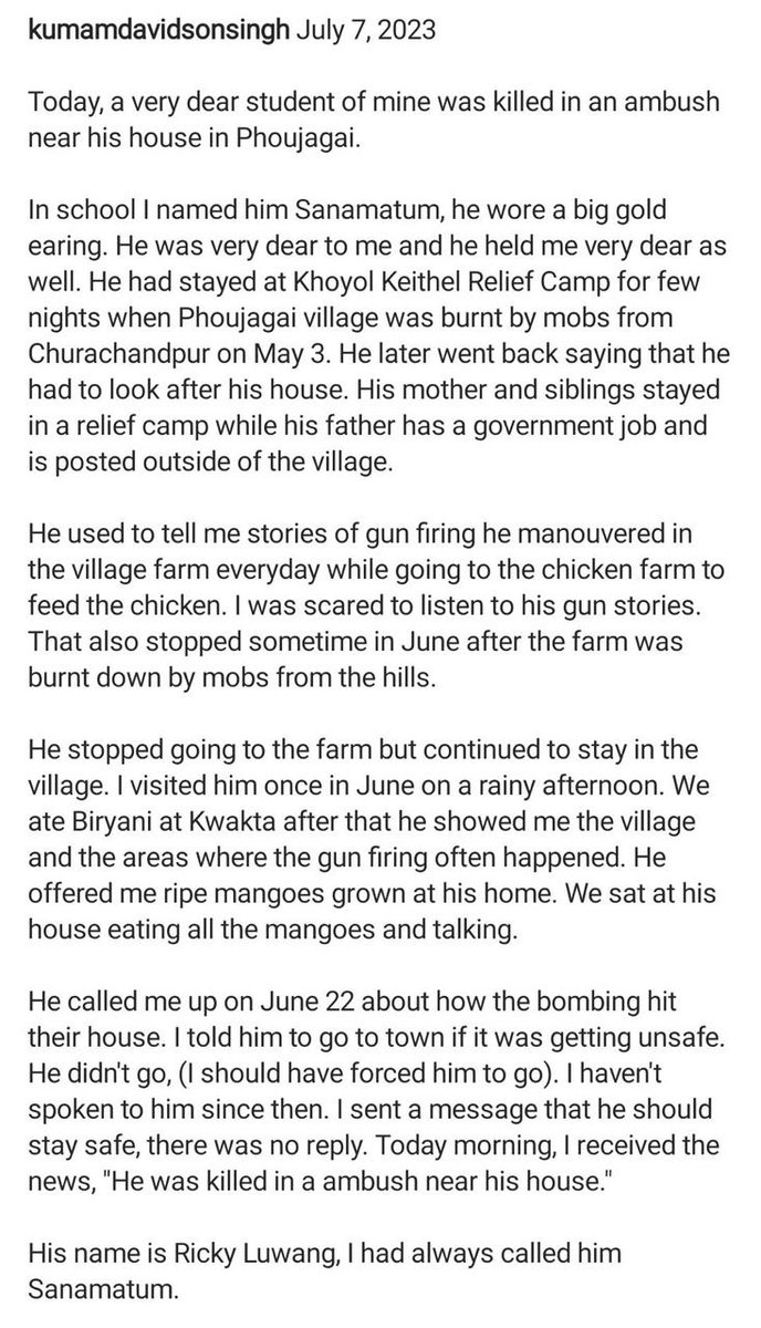 h4haoba's tweet photo. #student killed in his own village while escaping an attack by #KukiTerrorists.
#5bullets pierced through the innocent child.
Are 70,000 security forces not enough to protect school going students from #KukiTerrorists?
His teacher penned down a note- READ AT YOUR OWN VOLITION💔 https://t.co/l2ebxojIp0