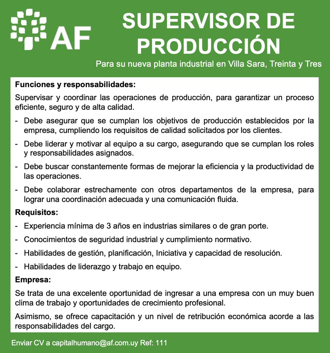 Buscamos SUPERVISOR DE PRODUCCIÓN para nueva planta industrial en Villa Sara, Treinta y tres. #empleo #treintaytres #desarrollolocal #industria #industriaforestal