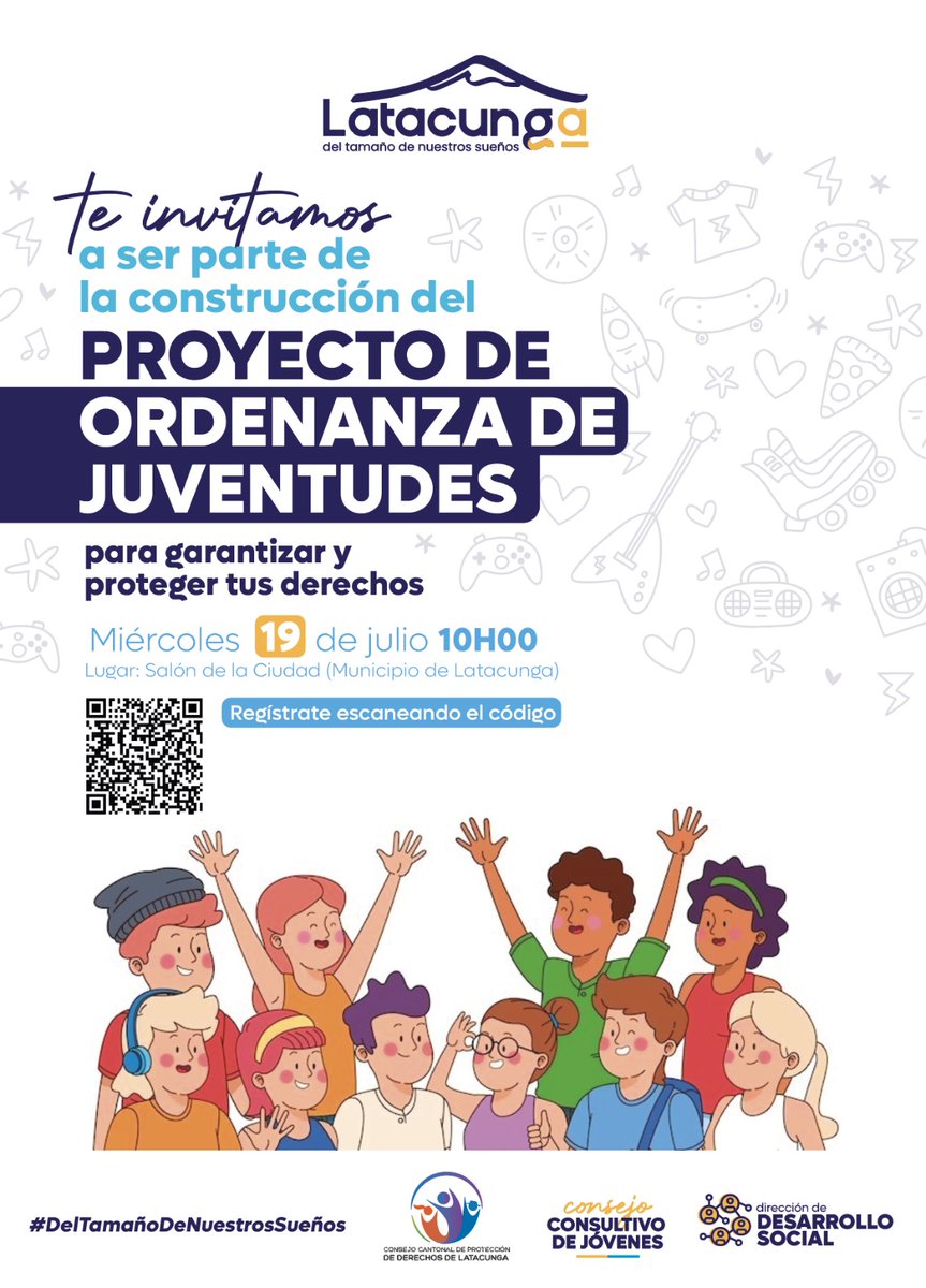 Construyamos juntos el proyecto de #OrdenanzadeJuventudes, para proteger y garantizar tus derechos.

Regístrate escaneando el código.

#FabricioTinajeroAlcalde
#Latacunga