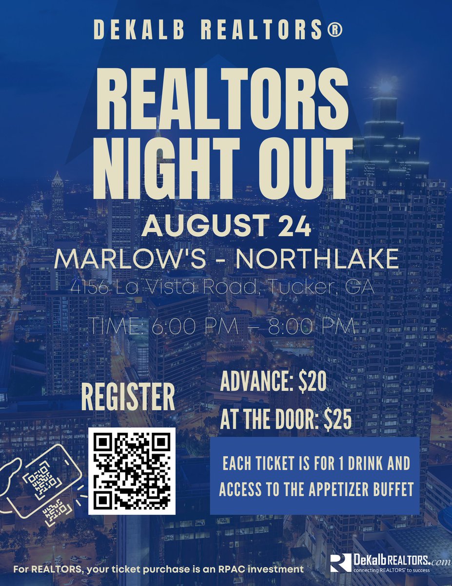 Register: bit.ly/3NFYf8X
Advanced purchases must be paid with a credit card.
*At-the-door tickets sales is cash only
**Each ticket is for 1 drink and access to the appetizer buffet.
#dynamicdekalbrealtors