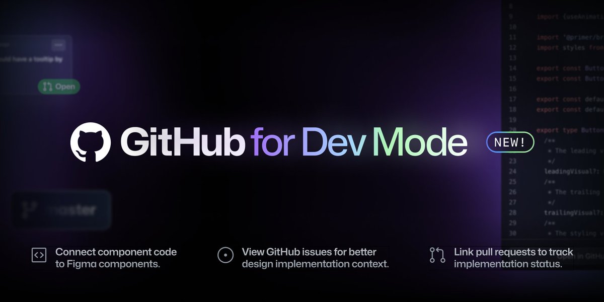figma's tweet photo. Bring design and code even closer together with plugins in Dev Mode.

The @github plugin connects your files, issues, and PRs to your Figma components, giving you the context you need when implementing designs.

Try it now: https://t.co/PyYdhnv6Ud https://t.co/oAswr5m2eA