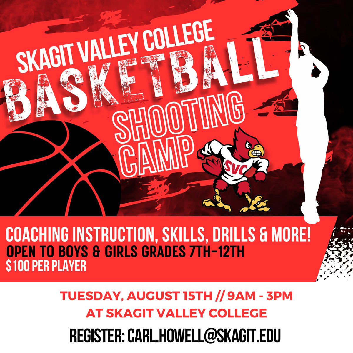 🏀 Skagit Valley College Basketball Shooting Camp, don't miss it! Sign up for coaching instruction, skills, drills, and more.

📍 Skagit Valley College
📆 Tuesday, August 15, 2023
⏰ 9am - 3pm

Register here: mysvc.skagit.edu/athleticfundra…