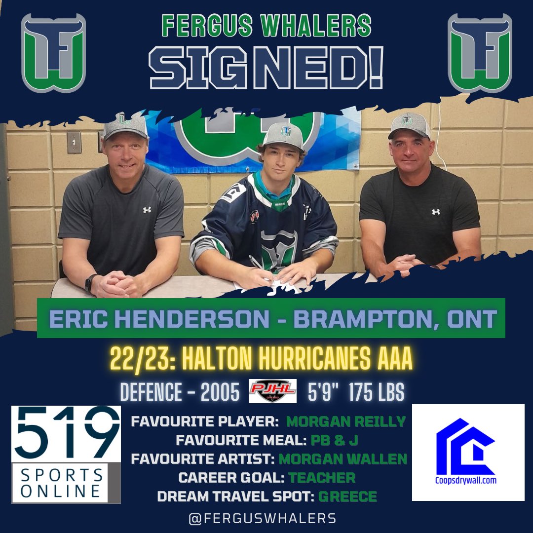 FergusWhalers's tweet photo. Official: Whalers sign Halton Hurricanes AAA D-man Eric Henderson. 

Eric spent last season with the @haltonhurricanesu18 program and is looking forward to making the jump to junior hockey.  
Welcome to the Whalers, Eric!

#HailToTheWhale
@equip_mgr_ducky https://t.co/2ikMXYRVGx