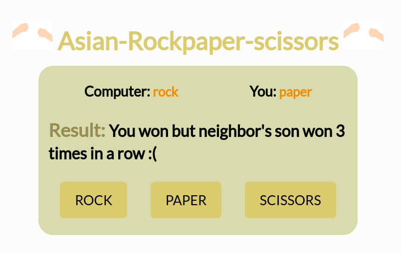 Sarizzka's tweet photo. Today I made a simple rock paper scissor game using JS.
Deployed Site: https://t.co/WpkFAXFkJt
Github repo: https://t.co/XWle6EX1IM
#LearningWithLeapfrog #60DaysOfLearning2023 #LSPPD37 #javascript #rockpaperscissor https://t.co/Vc5buEjqiZ