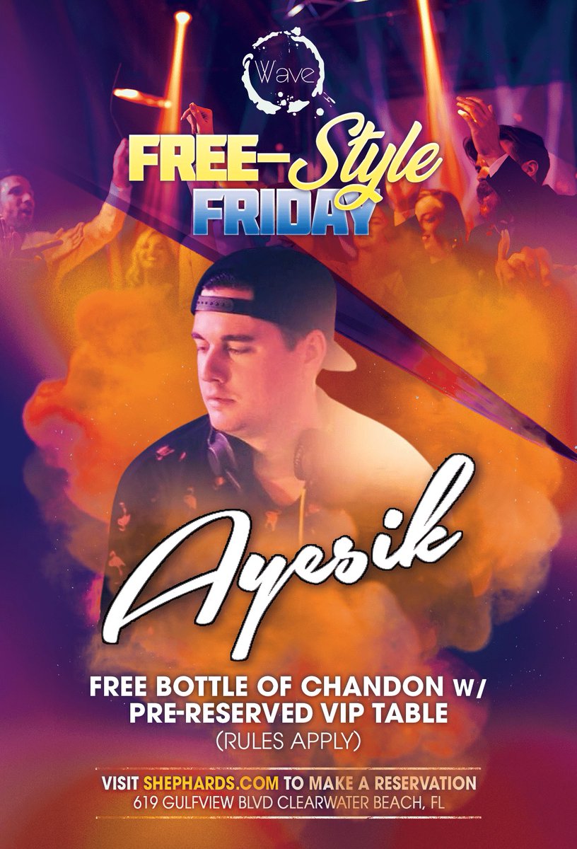 ShephardsResort's tweet photo. DJ Ayesik mixing tonight inside the Wave! 🎉

FREE bottle 🍾 of Chandon with pre-reserved VIP table!

To book your VIP table/bottle service visit https://t.co/GUlwolS1uh or call 727-442-5107

Doors open at 10pm! 🔊

#shephardsresort #TheWave #WaveNightclub #clearwaterbeach #beach #nightclub #gulfviews #party #housemusic #hits #Top40 #fun