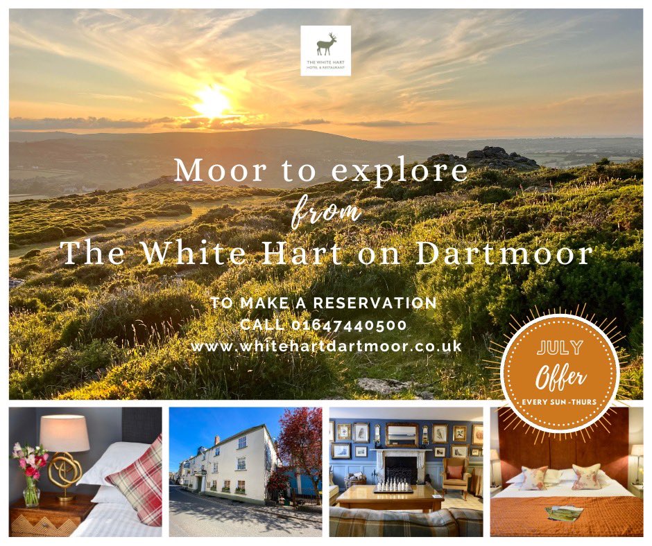 SIZZLING JULY OFFER AT THE WHITE HART HOTEL ON DARTMOOR. TWO NIGHTS, DINNER &amp; BREAKFAST JUST £190 PP*
Take advantage of this great offer to explore the beautiful Dartmoor National Park from our 17th Century coaching Inn. TO BOOK: Call 01647 440500
Don’t forget! Dogs stay FREE 🦮